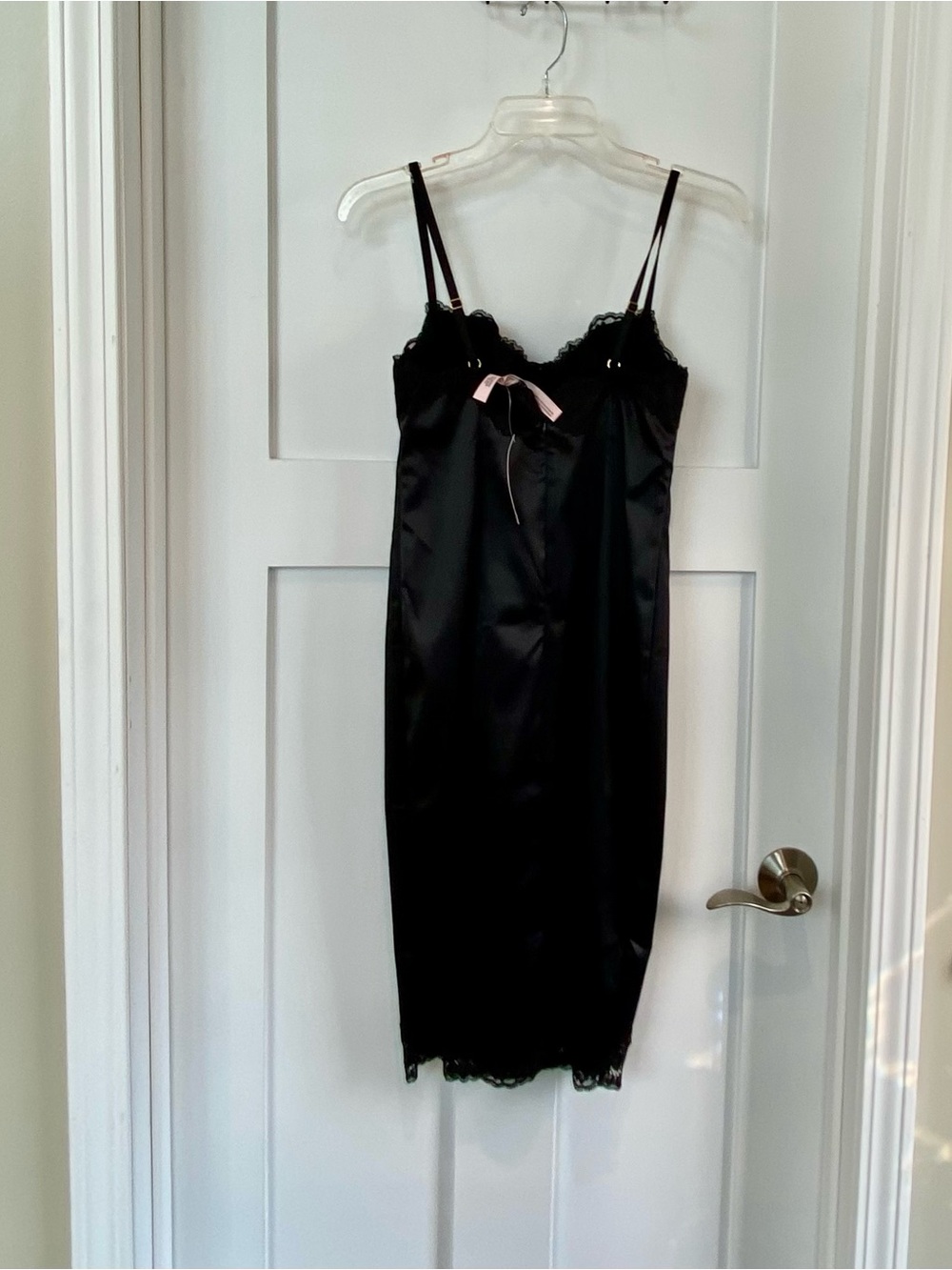 Victoria's Secret Black Satin Slip Dress with Pink Bow Accent NWT